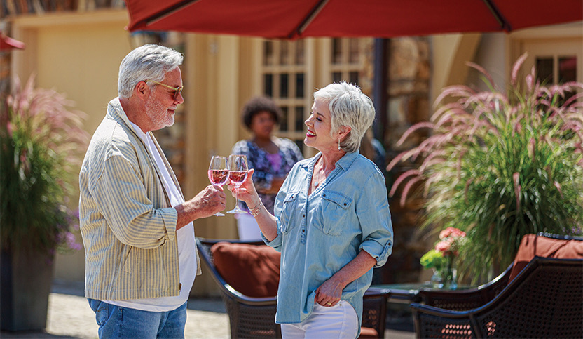 A couple drinking wine observing the landscape